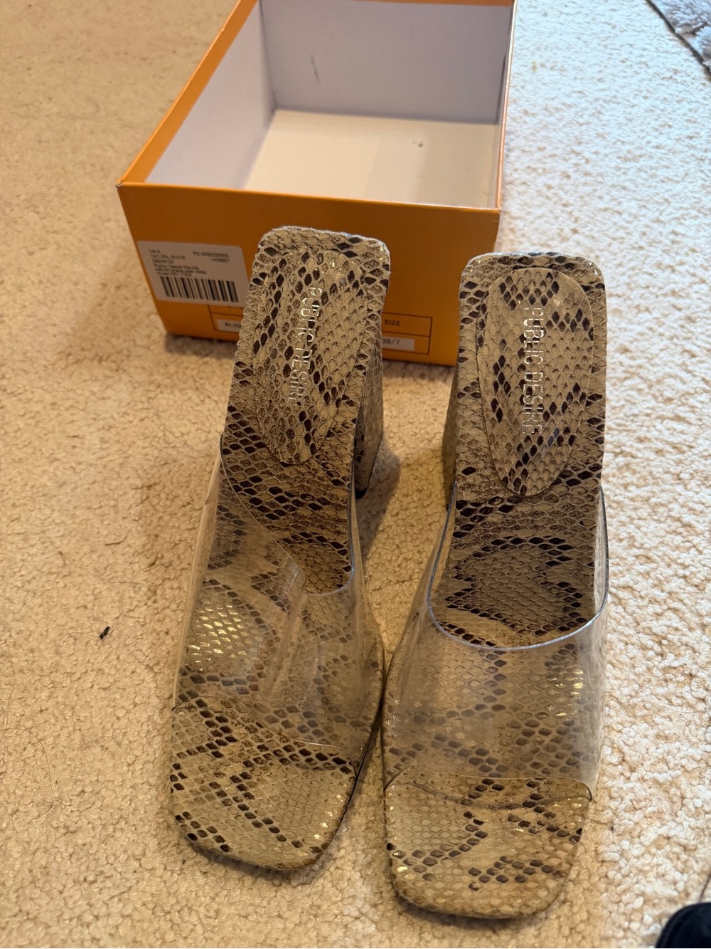Public Desire Snake-Print Clear Strap Block Heel Mules
